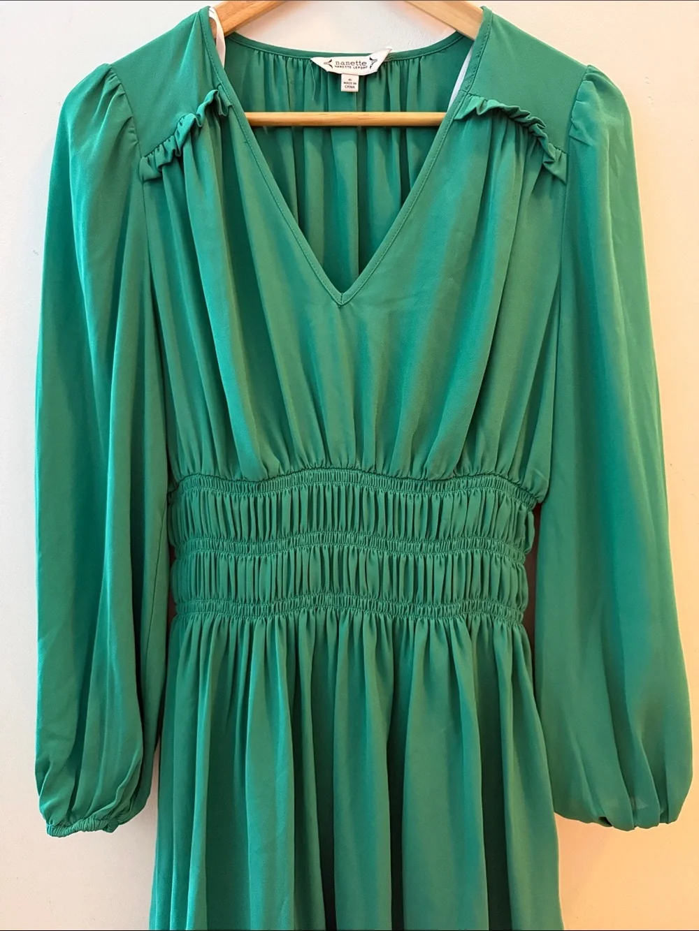 Nanette Lepore Teal V-Neck Long Sleeve Smocked Waist Dress